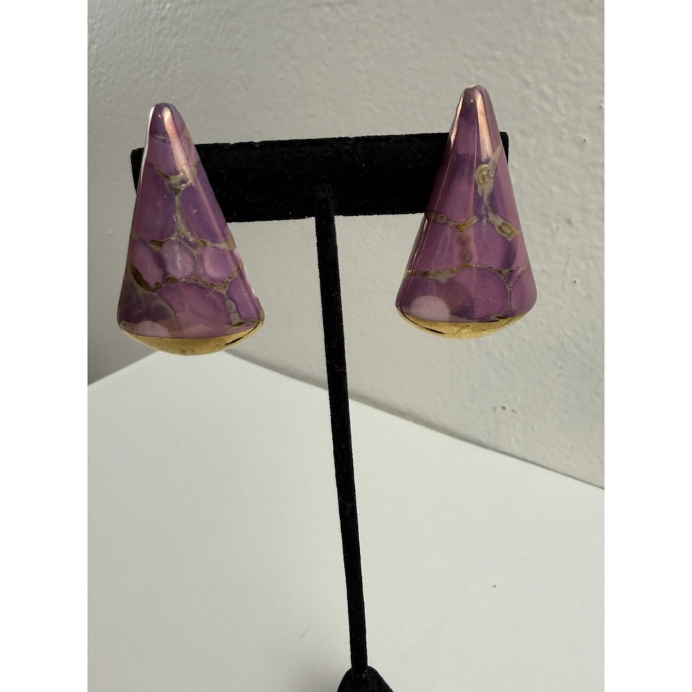 Vintage 80s Pink Gold Marbled Ceramic Triangle Statement Pierced Retro Earrings - Picture 8 of 9